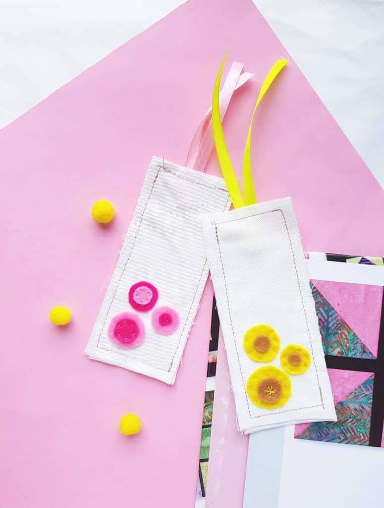 Fabric Bookmark with yellow ribbon and yellow accent dots