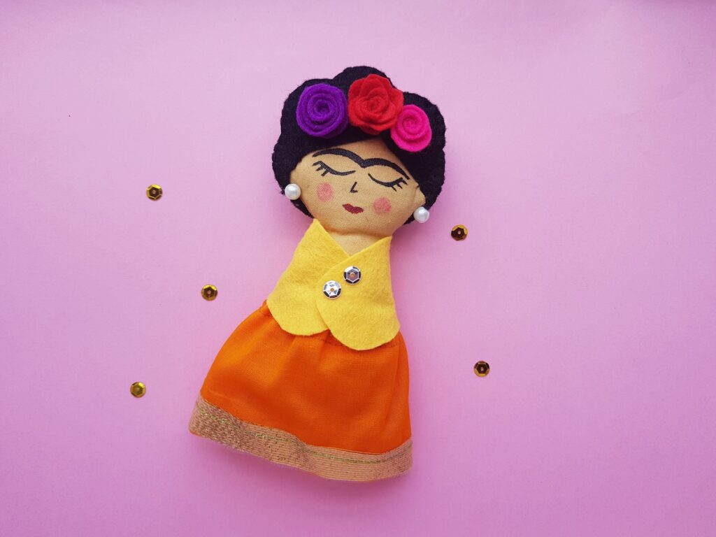 Artist Frida Kahlo rag doll with colored felt features