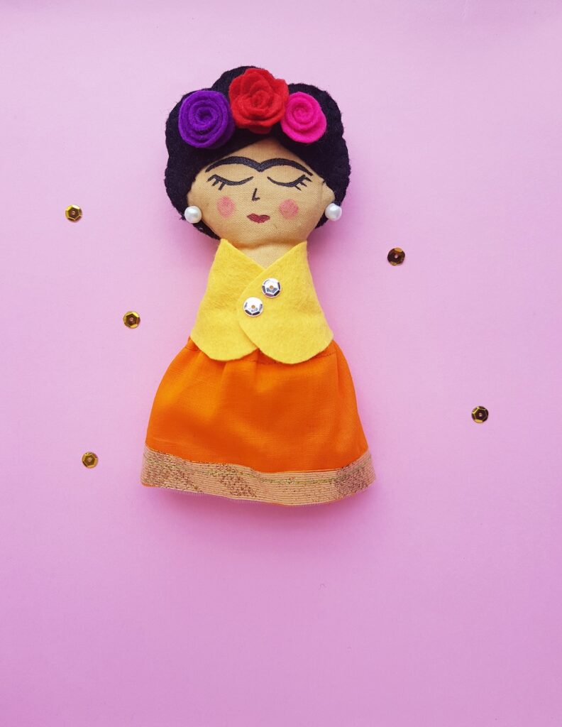 fabric painted Frida Kahlo rag doll