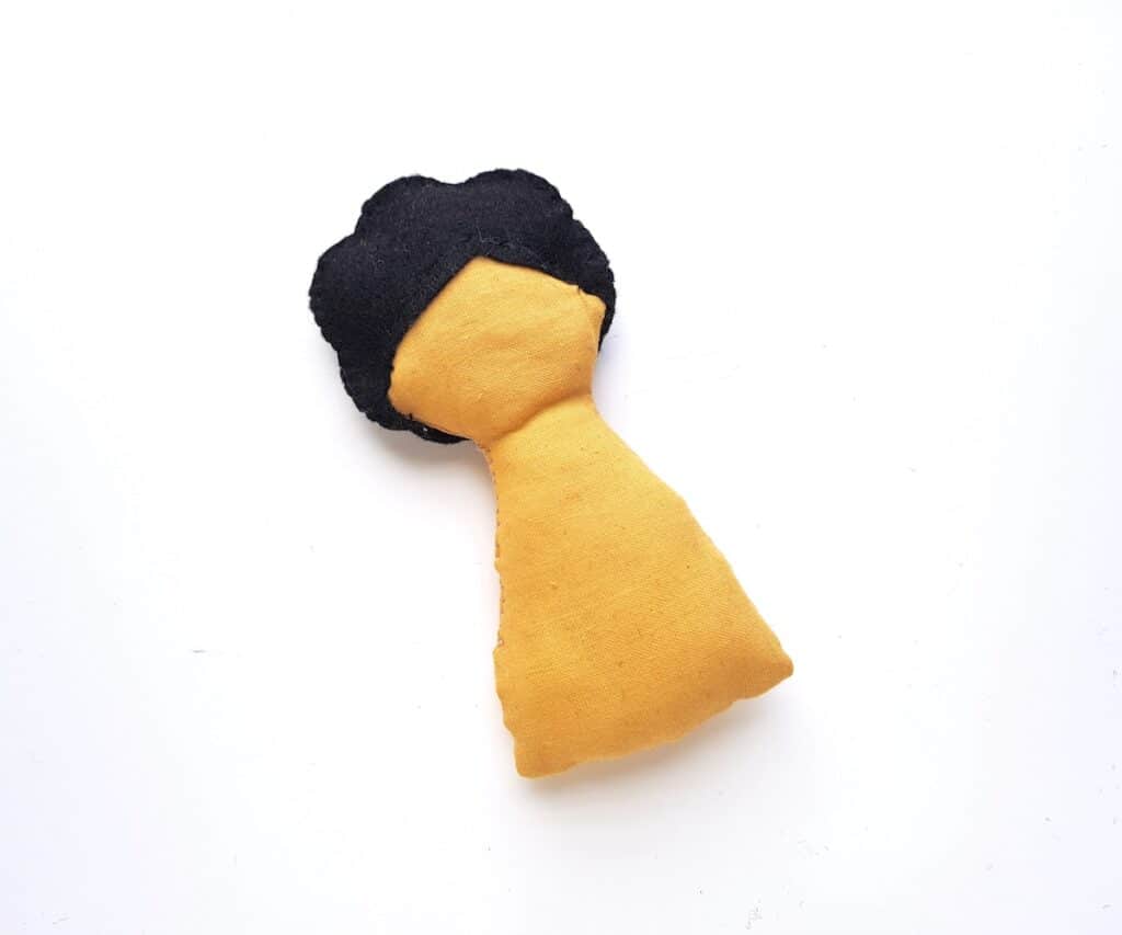 Frida Kahlo rag doll with sewn black felt hair sections