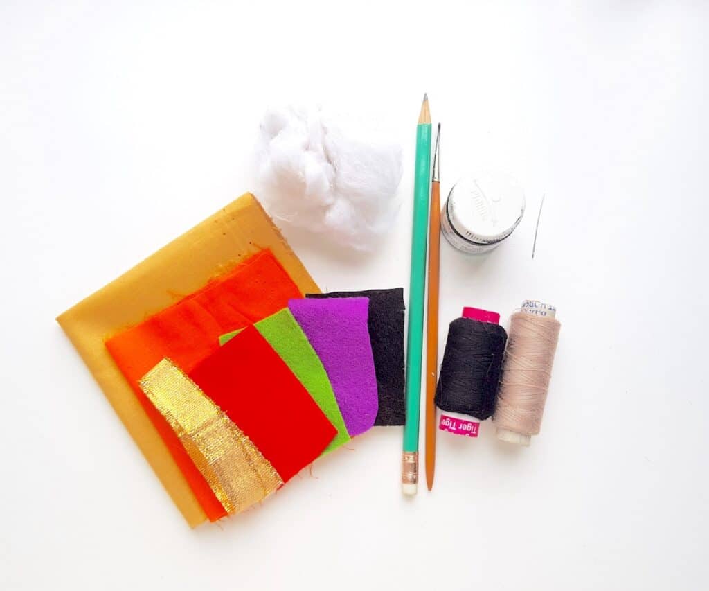 Frida Kahlo rag doll supplies on table top