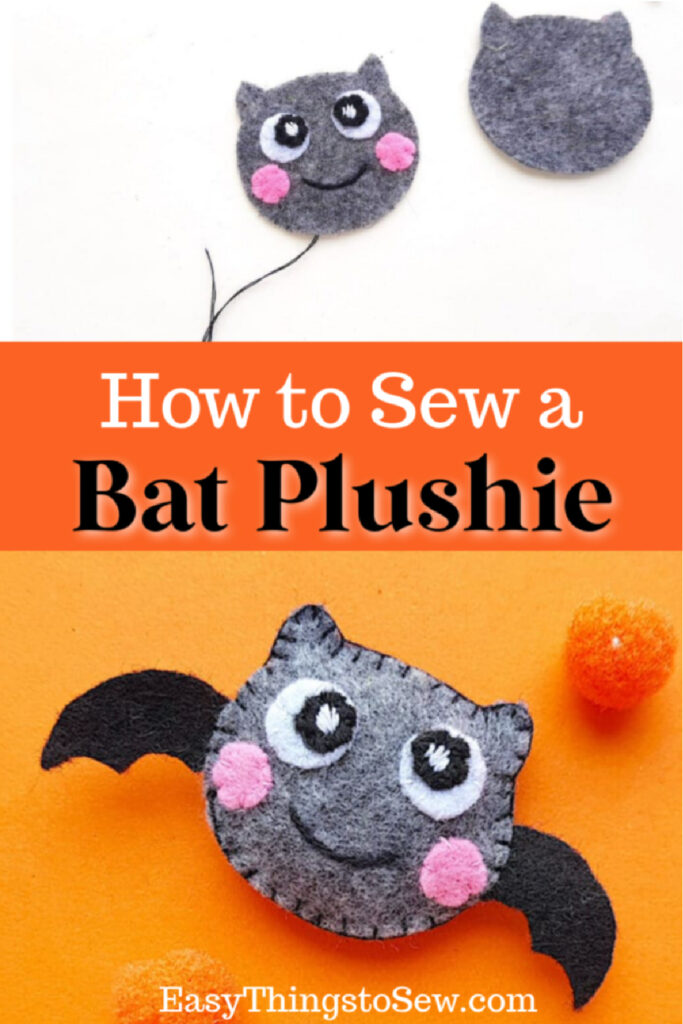 kawaii felt bat plushie with pink cheeks laying against orange and white backgrounds with the text "how to sew a bat plushie"
