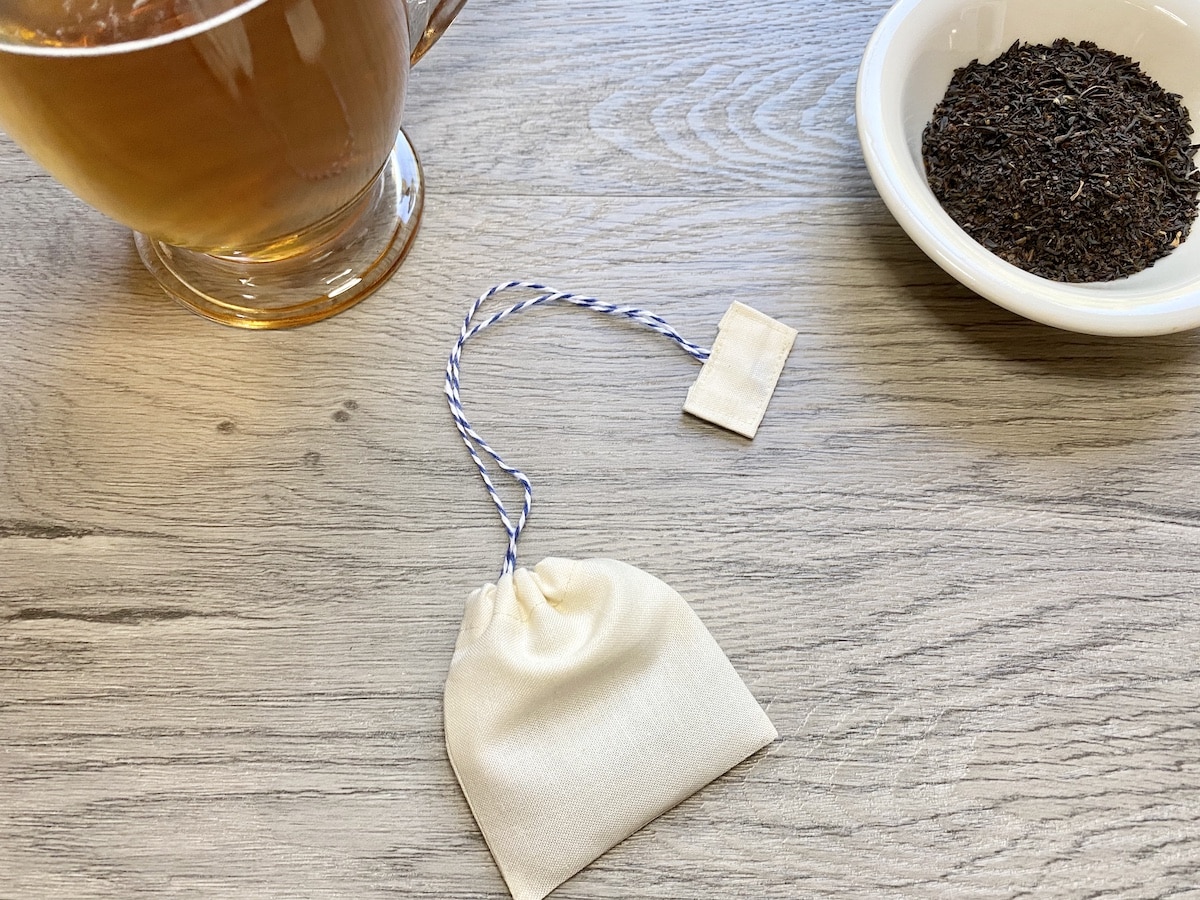 reusable tea bags on wood table