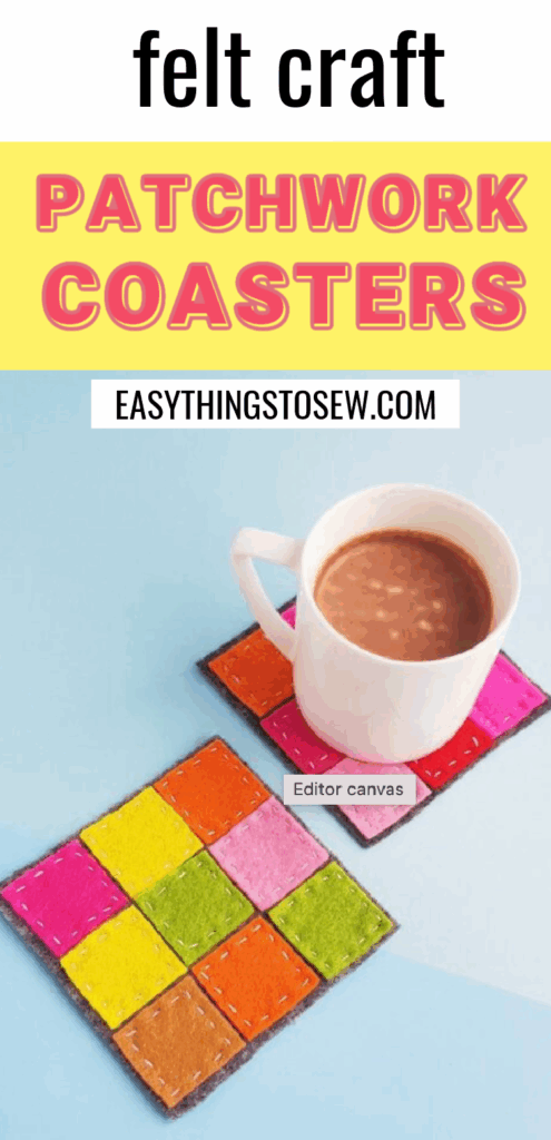 A white mug of hot chocolate rests on a vibrant Patchwork Felt Coaster, with another colorful coaster beside it on a light blue surface.