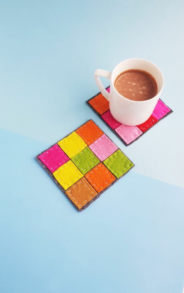 Patchwork Felt Coasters with coffee mug