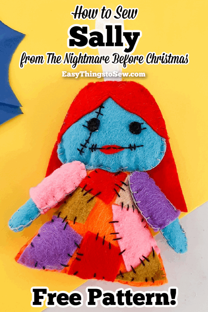 A sally doll inspired by The Nightmare Before Christmas is showcased on a yellow and blue background, with text promoting a free sewing pattern.