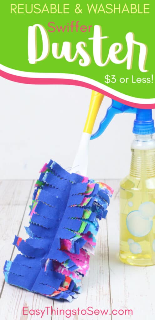 Reusable washable duster propped against spray bottle