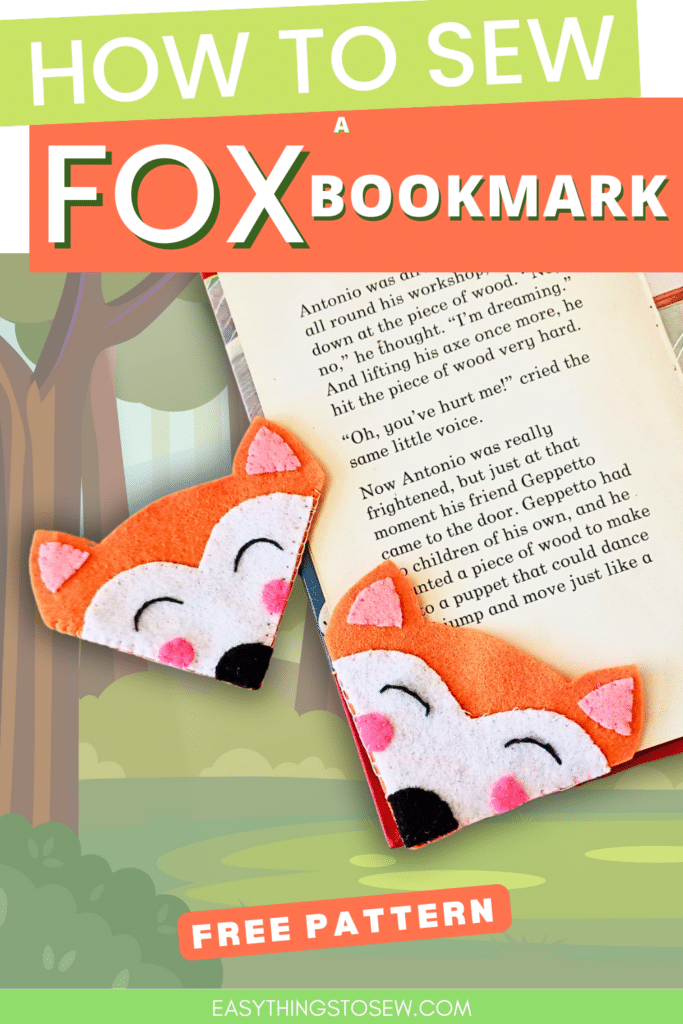 two handmade felt fox bookmarks displayed near book with forest background