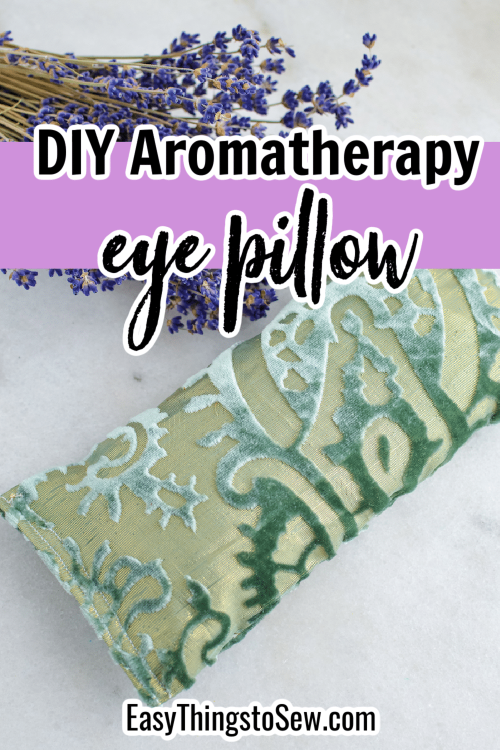 Lavender DIY eye pillow with decorative pattern, next to dried lavender on a surface.