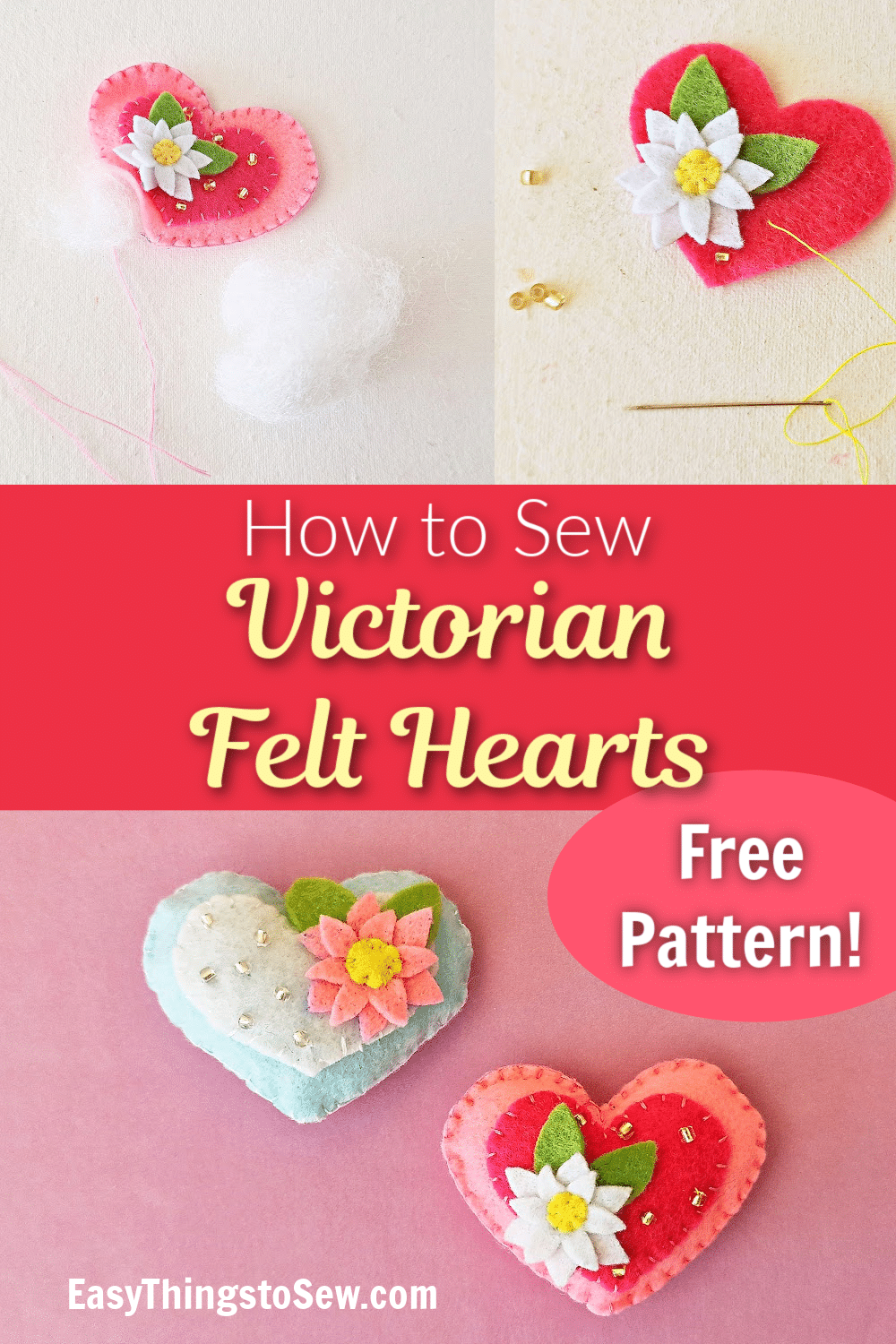 Learn how to sew intricate and charming Victorian felt hearts adorned with delicate flowers.
