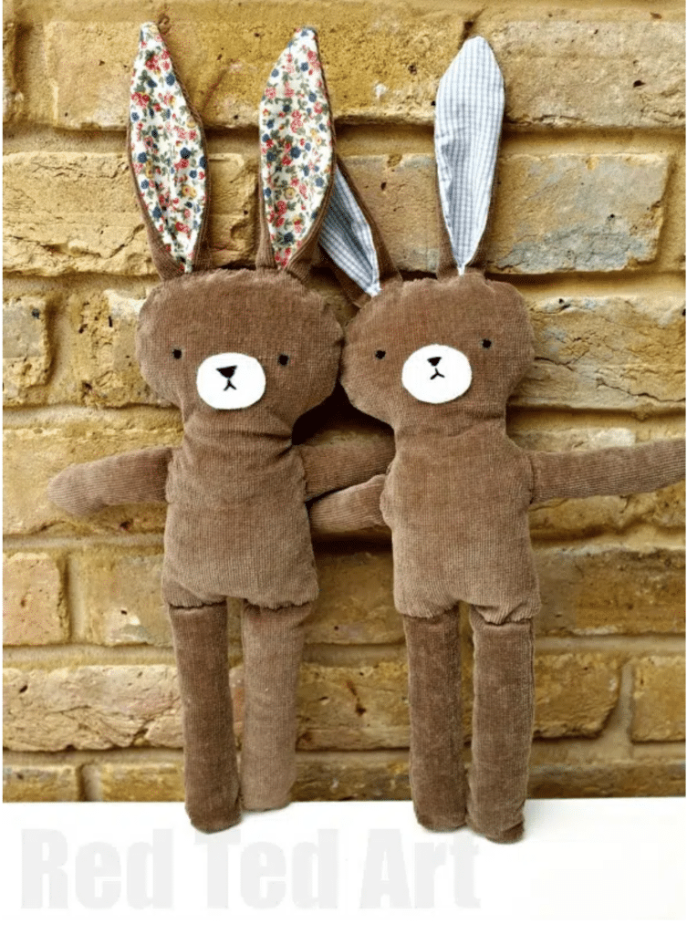 Red ted art bunny stuffed animals featuring adorable bunny sewing patterns.