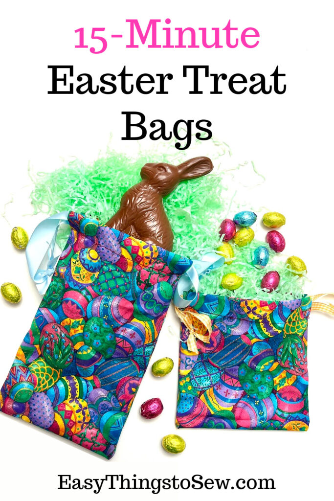 Colorful homemade Easter bag treats filled with candy and a chocolate bunny, suggesting a quick sewing project for the holiday.