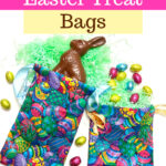 Colorful homemade Easter bag with chocolate eggs and a chocolate bunny, promoting a 15-minute sewing project.