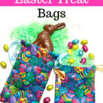 Colorful handmade Easter bags with chocolate bunny and eggs on a white background.