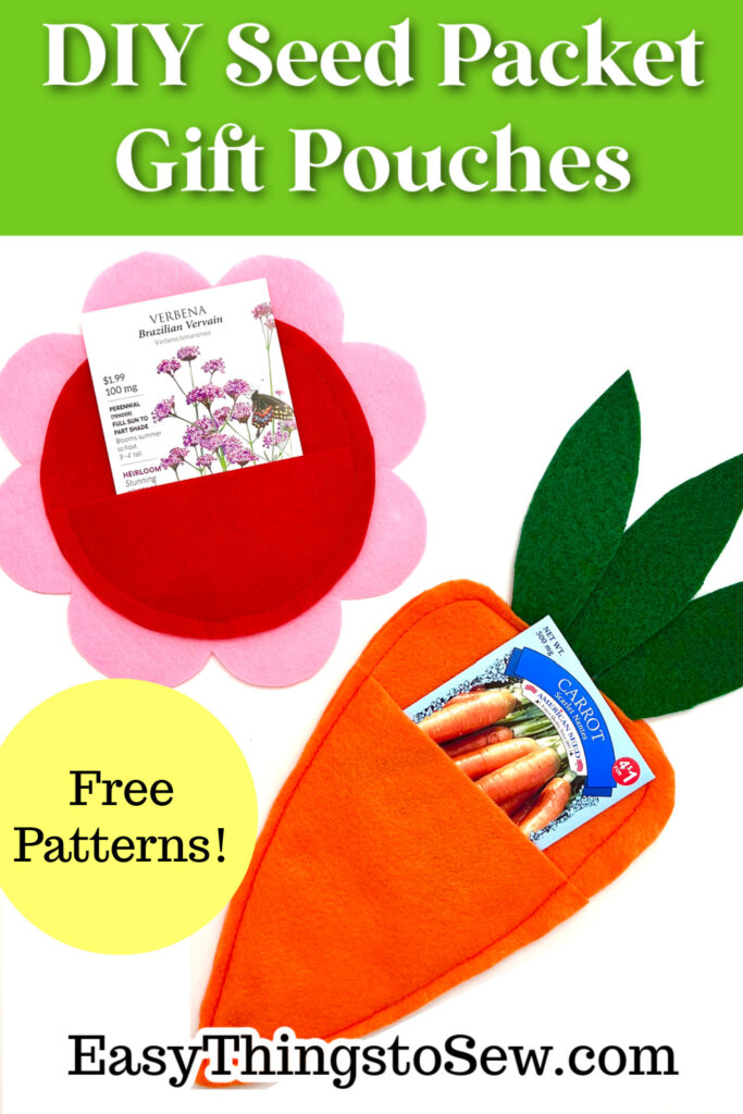 A colorful craft project displaying handmade felt seed packet gift pouches with free patterns available from easythingstosew.com.