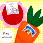 Colorful homemade felt seed packet holders shaped like a strawberry and carrot with free patterns advertised for convenient seed packet organization.