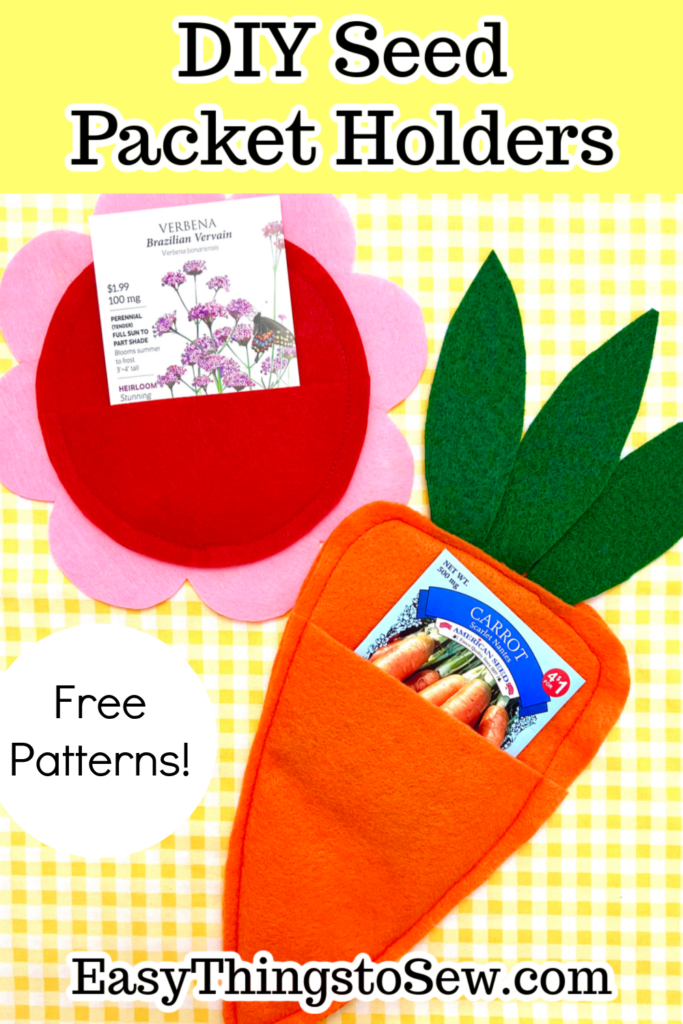 Colorful homemade felt seed packet holders shaped like a strawberry and carrot with free patterns advertised for convenient seed packet organization.