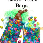 Handmade Easter bag with colorful patterns, filled with green decorative grass, chocolate eggs, and a chocolate bunny, promoting a 15-minute sewing project.
