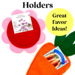 Colorful felt flower-shaped seed packet holders designed to hold seed packets with a website tagline "easythingstosew.com - great ideas!".
