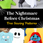 A collage of Halloween-themed sewing projects, featuring character plushies, a dog costume, shirt designs, and a doll, with the text "Nightmare Before Christmas Sewing Patterns" on a black background.