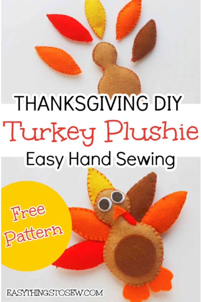 felt turkey craft displayed on white background with text "Thanksgiving DIY Turkey Plushie Easy Hand Sewing"