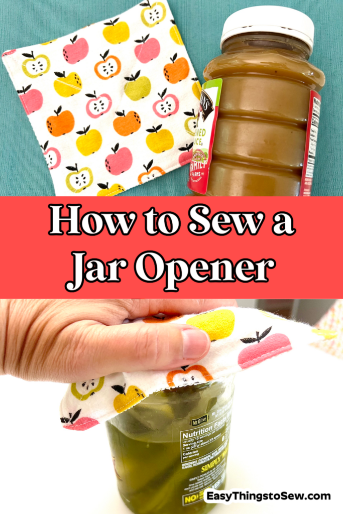 A tutorial titled "How to Sew a Jar Opener" showcases a folded fabric with a vibrant fruit design, alongside a jar of apple cider, and demonstrates how to use the fabric to effortlessly open the jar.