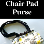 A fabric purse with a charming floral design and sleek black handle, crafted ingeniously from a chair pad. Text reads "DIY Chair Pad Purse" and "EasyThingsToSew.com".