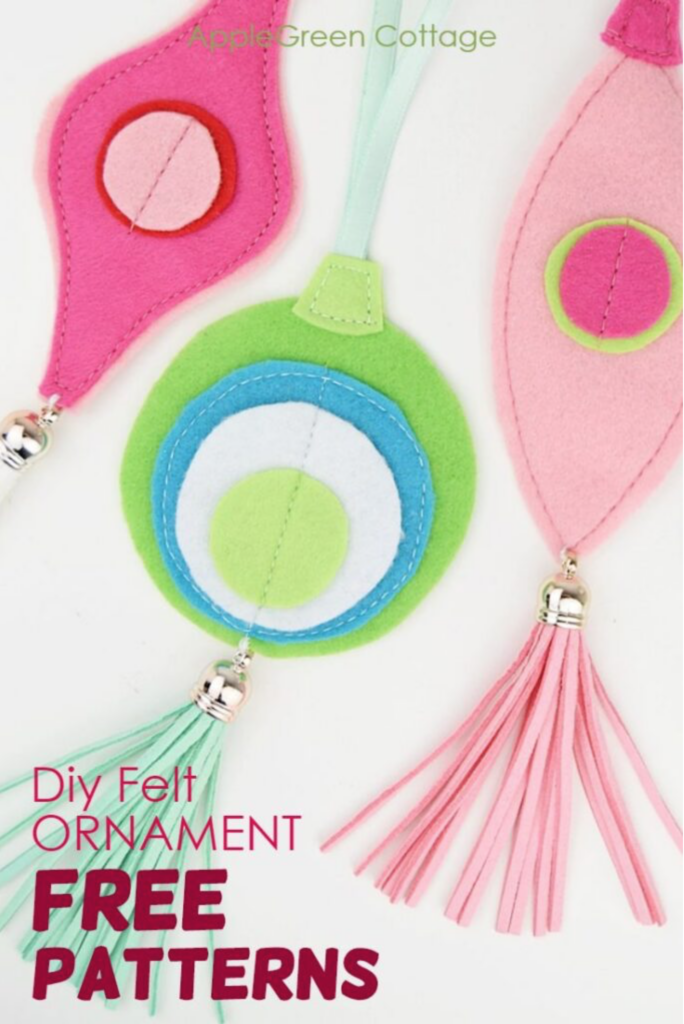 Three colorful felt ornaments with tassels, displayed with the text "AppleGreen Cottage" and "DIY Felt Ornament Free Patterns.