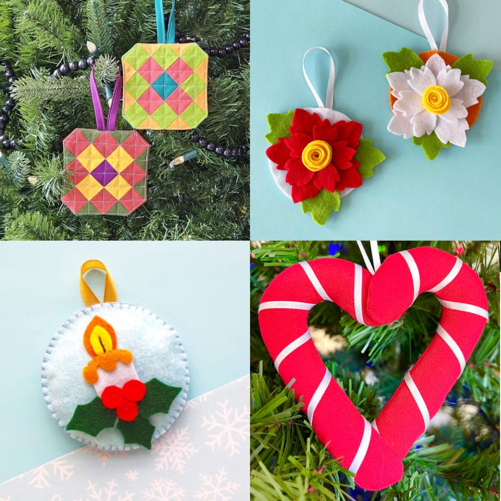 A collection of four holiday ornaments: two diamond-patterned, two quilted flowers, one with a candle, and a red heart resembling a candy cane. These are beautifully displayed against a festive background and perfect for those looking for free Christmas ornament sewing patterns.