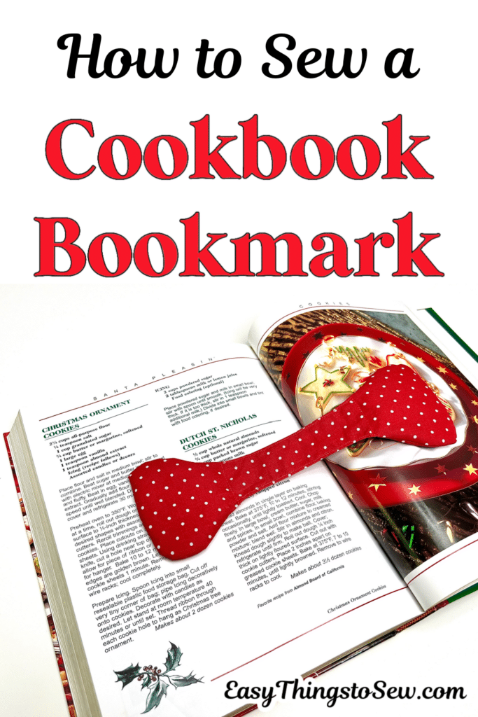 Open cookbook with a red polka dot fabric bookmark shaped like a bow tie. Text reads "How to Sew a Cookbook Bookmark"