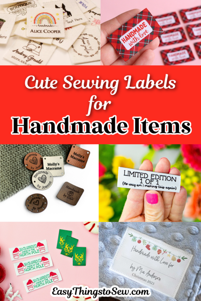 A vibrant collage of sewing labels for handmade items, showcasing diverse designs, colors, and text styles.