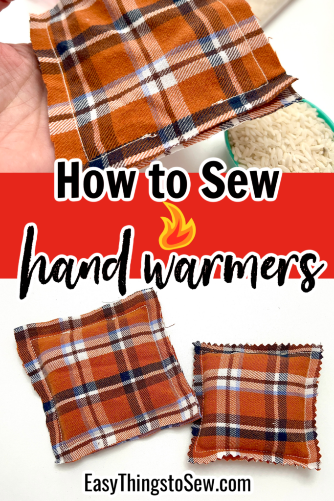 Two plaid fabric squares being sewn into DIY hand warmers, with the text "How to Sew Hand Warmers" and "EasyThingsToSew.com" displayed.