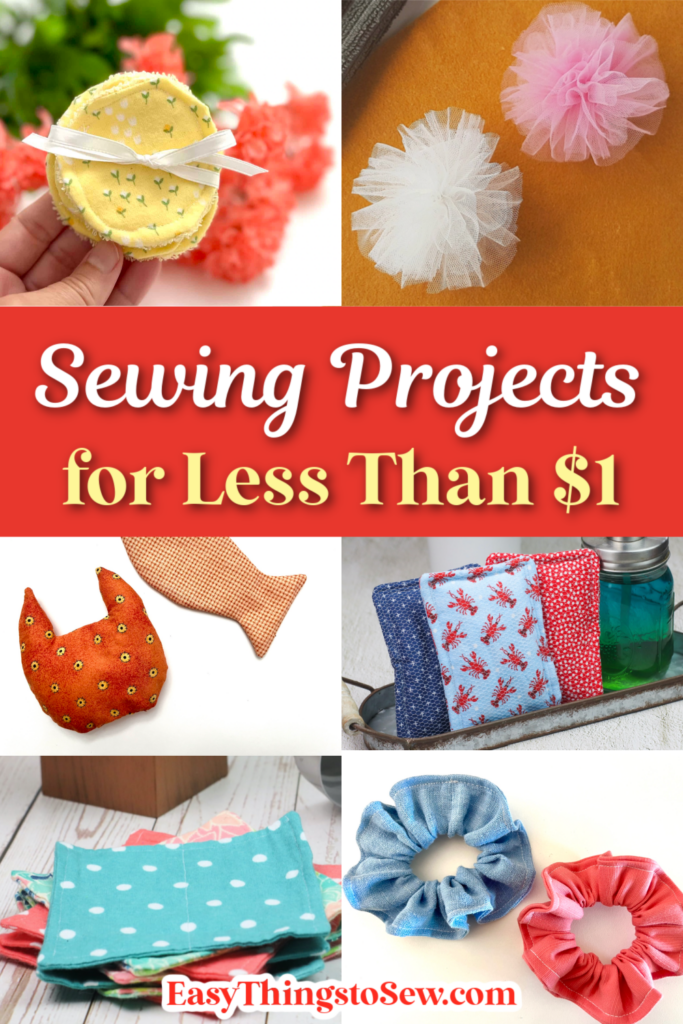 Explore a collage of creative DIY sewing projects under $1, featuring charming pincushions, trendy scrunchies, and handy small fabric pouches.