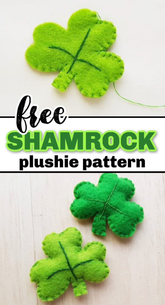 Two images display felt shamrock plushies, with one crafted using needle and thread. Text reads: "Free shamrock plushie pattern.