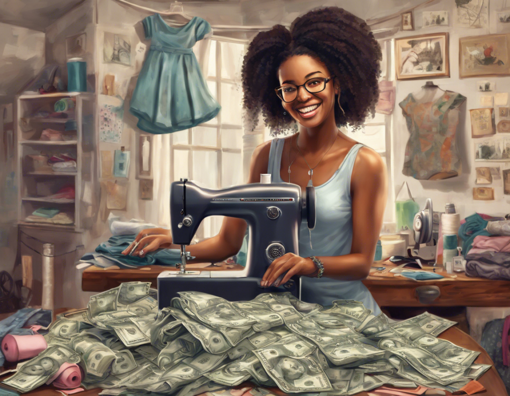 A woman using a sewing machine smiles, surrounded by stacks of dollar bills—a testament to her success in finding ways to make money sewing—in a workshop with fabric and clothing items on the walls and shelves.