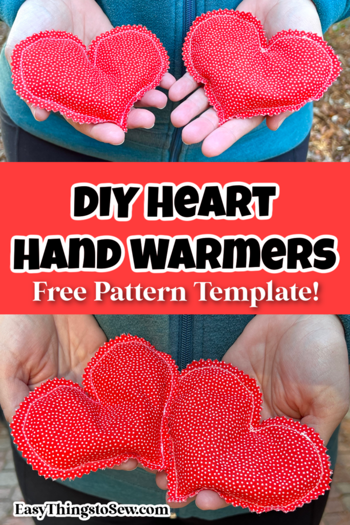 Two images display red heart-shaped hand warmers with polka dots, snugly held in hands. Text reads: "DIY Heart Hand Warmers Free Pattern Template! Make your own cozy diy hand warmers at EasyThingsToSew.com.