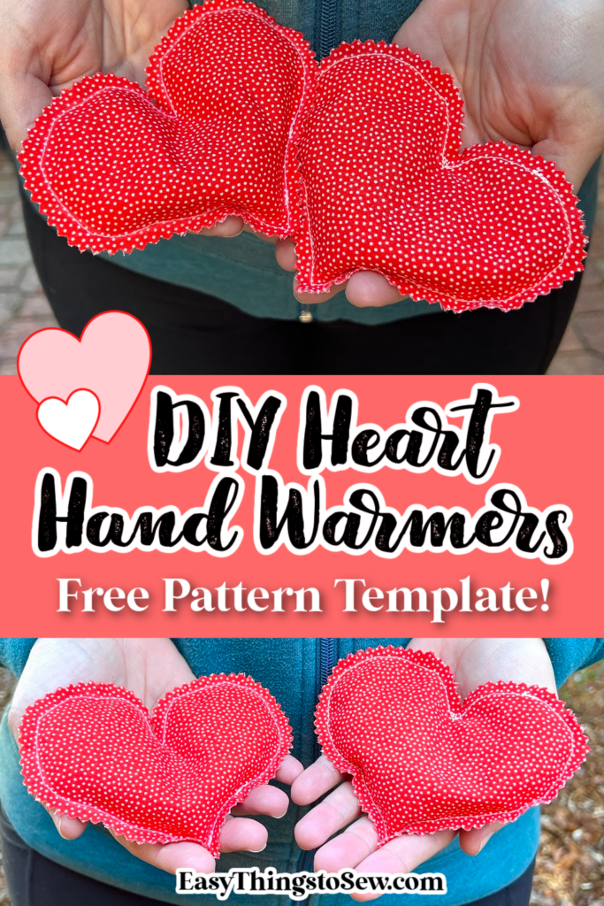 Hands lovingly cradle DIY red heart-shaped hand warmers adorned with charming white polka dots. The image invites you to explore a free pattern template, perfect for crafting your own delightful DIY hand warmers at home.