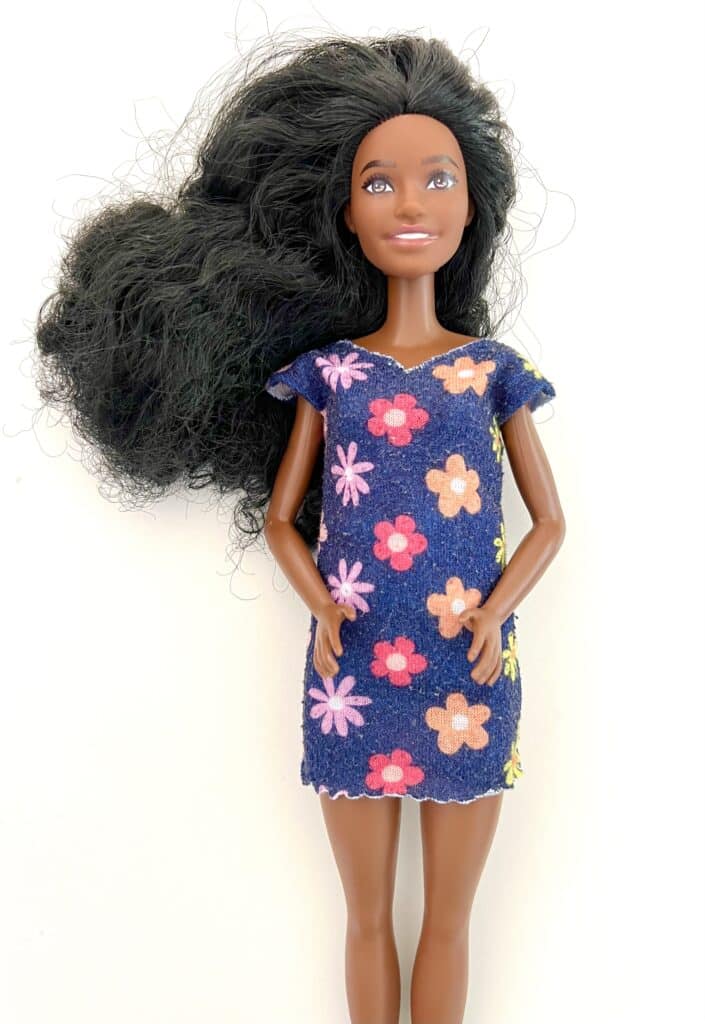 A doll with long, dark hair wearing a blue dress adorned with colorful flower patterns stands against a plain white background, as if waiting for her next adventure in a stylish Barbie shirt.