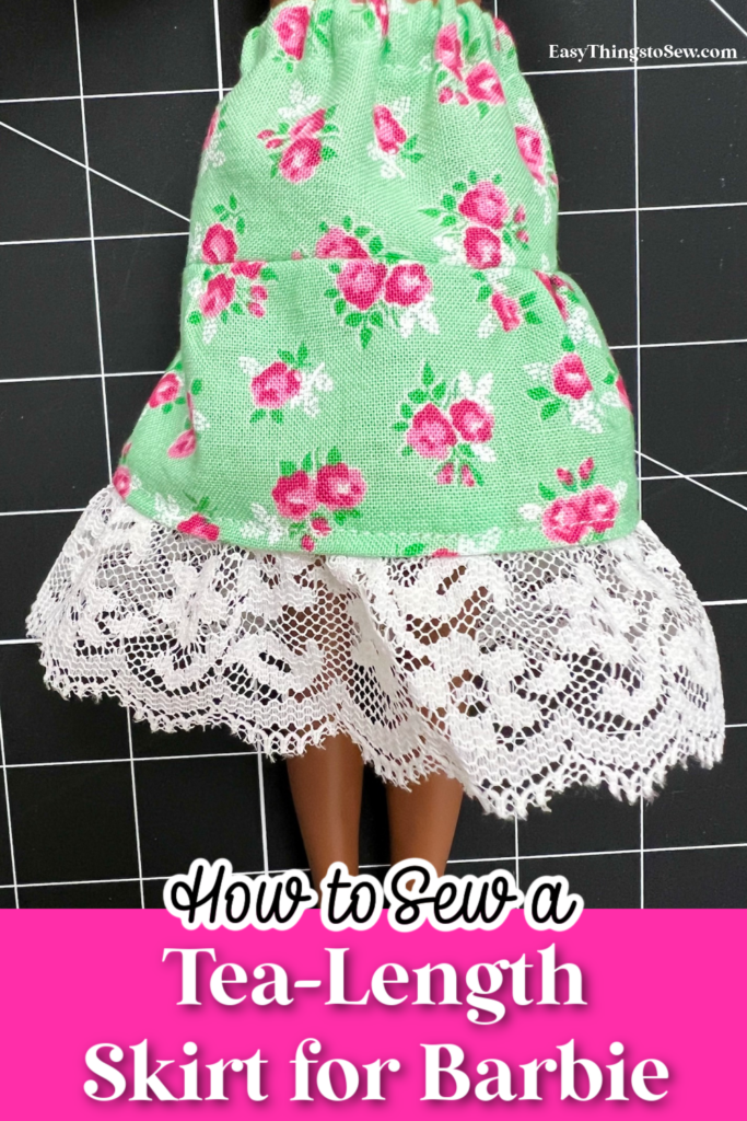 Doll wearing a green tiered floral tea-length skirt with white lace trim. Text reads: "How to Sew a Tea-Length Skirt for Barbie.