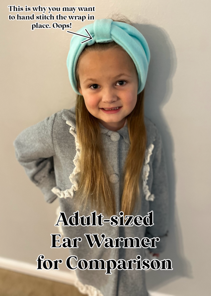 A child wearing an oversized blue fleece headband serves as a playful reminder that it's adult-sized for comparison.