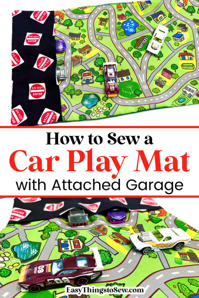 two images showing a DIY fabric car play mat that is unfolded with metal toy cars on the cartoon roads