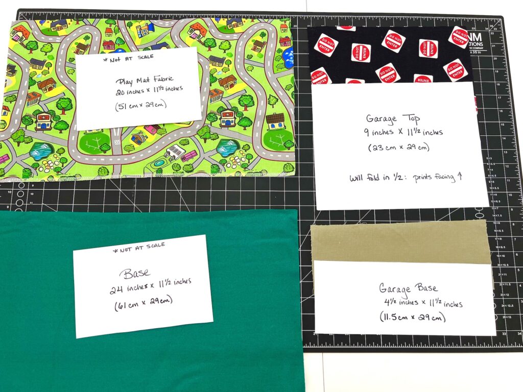 Four different fabrics with labels on a cutting mat: a play mat fabric, garage top, garage base, and a green base, each with measurements and cutting instructions.