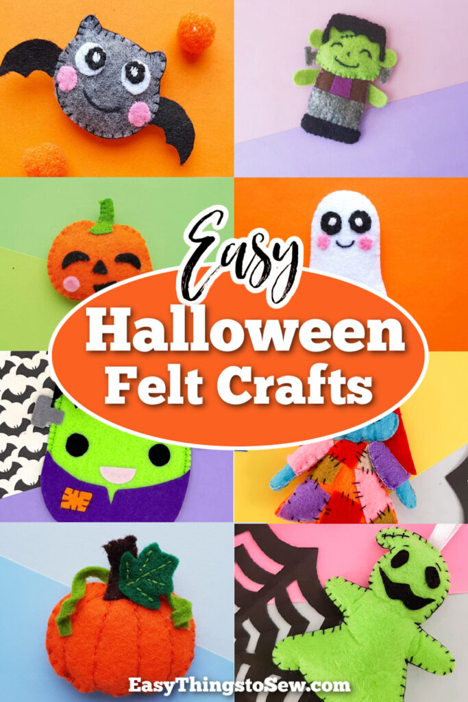 A collage of colorful handmade Halloween felt crafts featuring a bat, Frankenstein’s monster, pumpkin, and ghost, with the text “Easy Halloween Felt Crafts.”