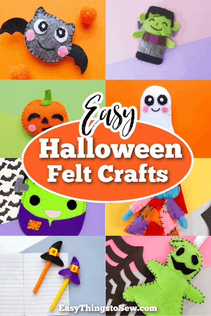 A collage of vibrant Halloween felt crafts, featuring a bat, Frankenstein, pumpkin, ghost, black cat, purple monster, witch hats, and a green monster, with text "Easy Halloween Felt Crafts." Perfect inspiration for your next Halloween felt crafts project!.