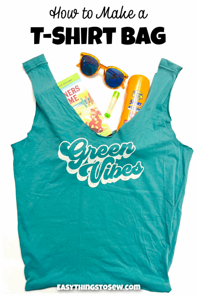 A turquoise t-shirt bag holds sunglasses, sunscreen, a popsicle, and a book. Text above reads "How to Make a T-Shirt Bag." Website: easythingstosew.com.