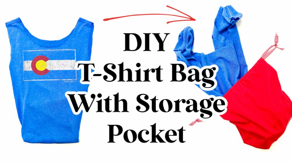 Two t-shirt bags, one blue and one red, are displayed with text reading "DIY T-Shirt Bag With Storage Pocket" and an arrow highlighting the handy storage pocket feature.