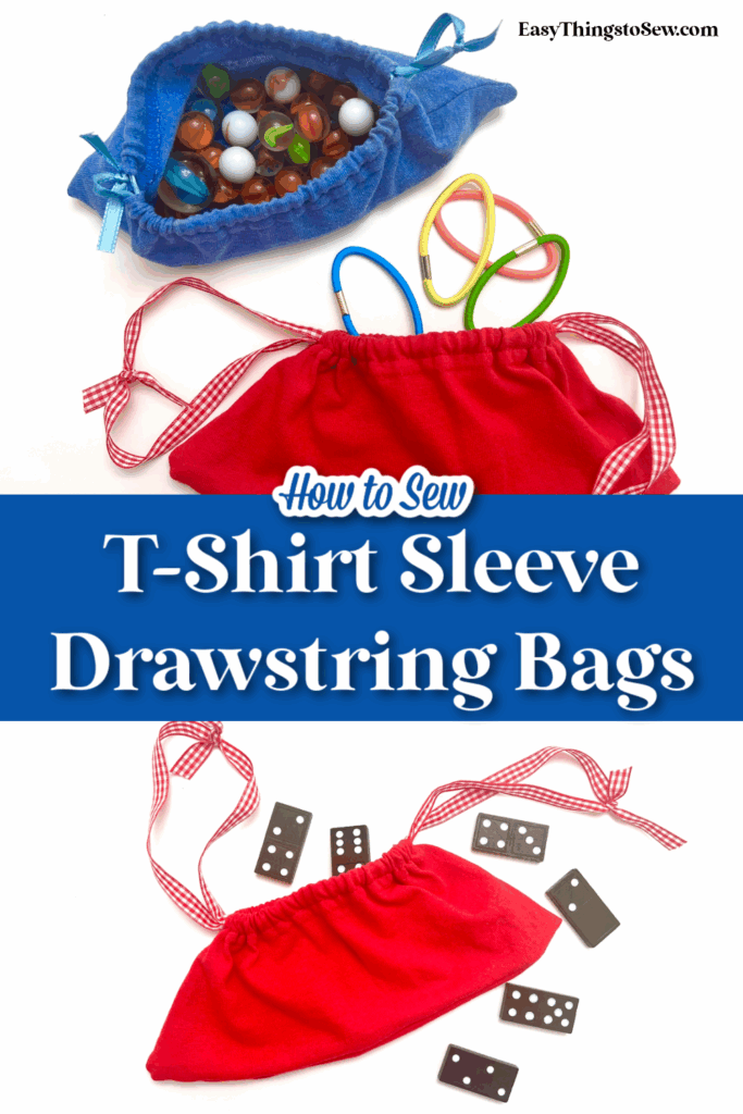 DIY tutorial image featuring t-shirt sleeve drawstring bags storing marbles, scissors, and dominoes, with the text "How to Sew T-Shirt Sleeve Drawstring Bags.