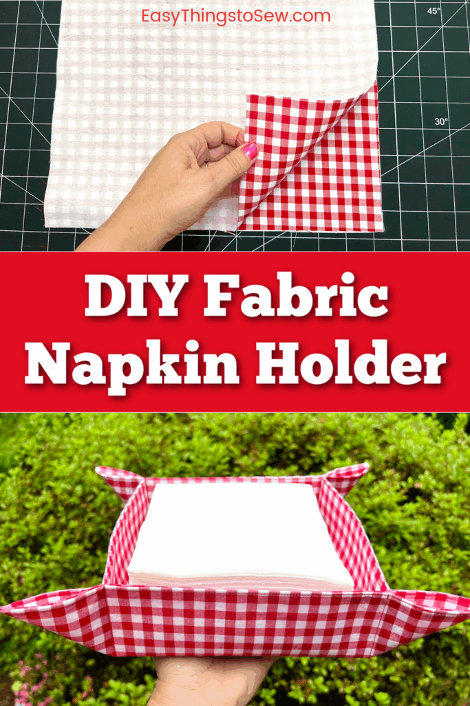 A hand folds red gingham over white checked fabric; below, a finished fabric napkin holder in red gingham rests on a green outdoor surface. Text reads: "DIY Fabric Napkin Holder.