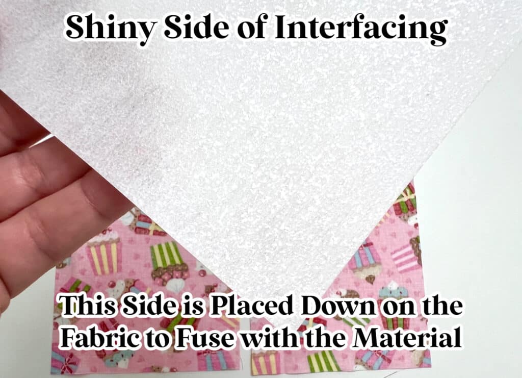 A hand holds a sheet of interfacing showing its shiny side, with fabric pieces below. Text explains the shiny side fuses to the fabric when placed down.