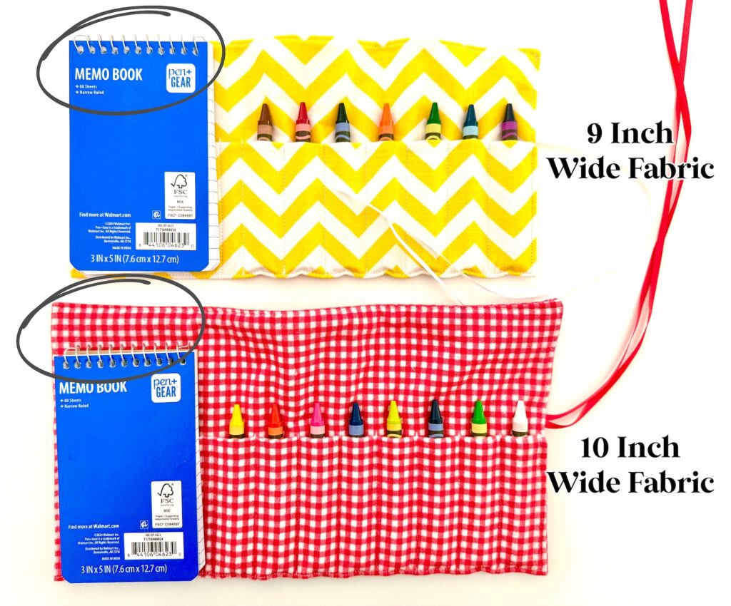 Two fabric crayon pouches are shown, one yellow zigzag (9 inch wide) and one red checked (10 inch wide), each beside a blue memo book for size comparison.